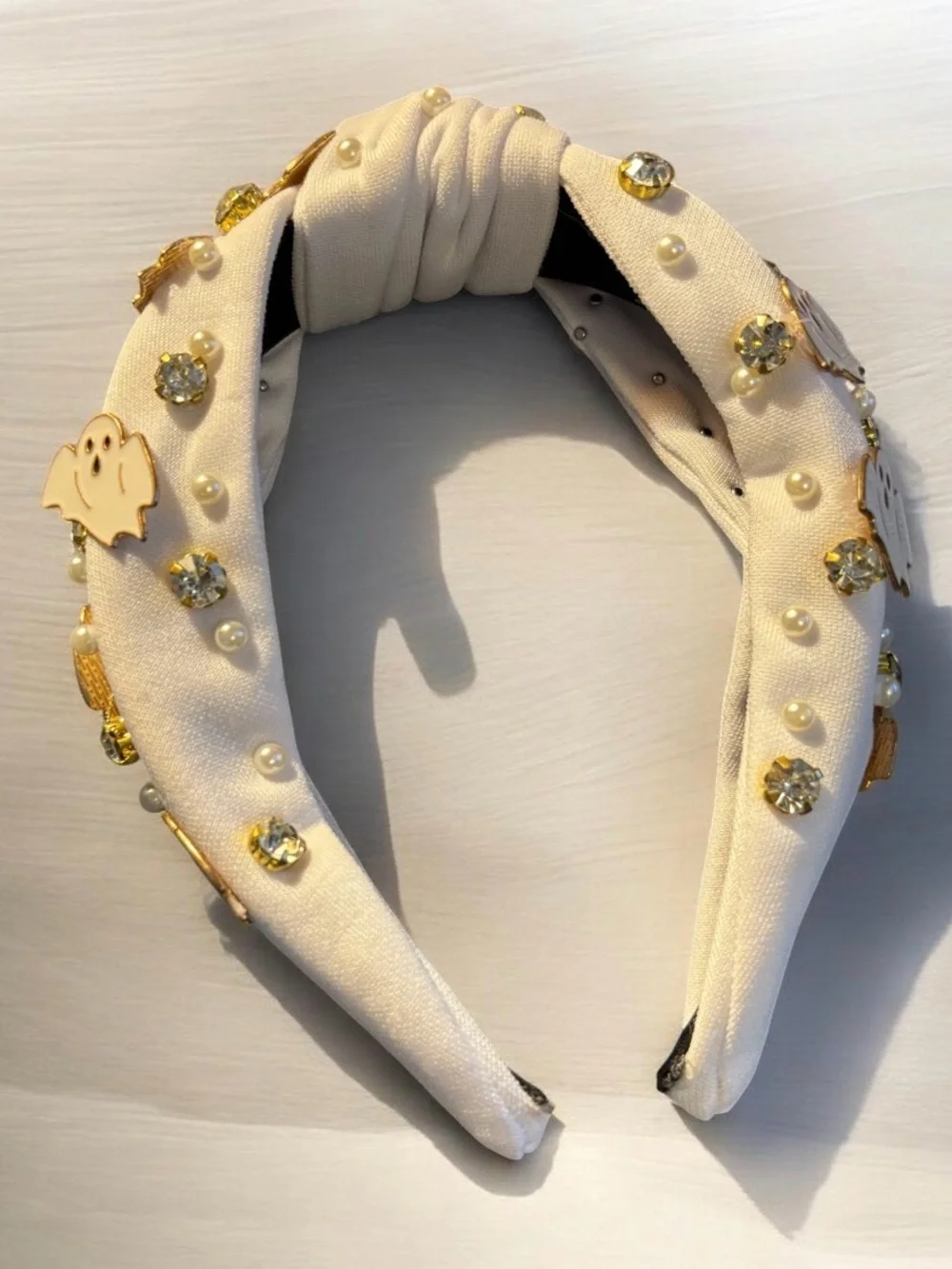 Hand Crafted Ghost Charm Headband with Faux Pearls & Crystals